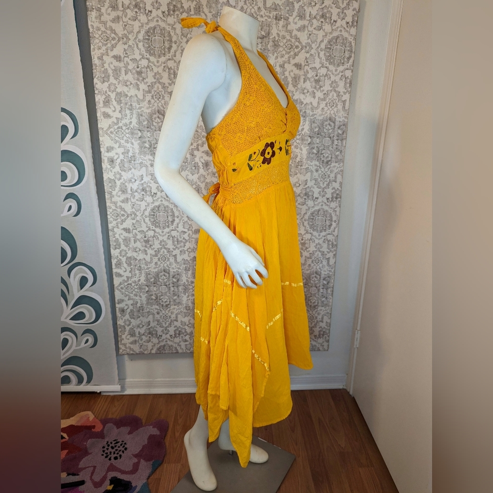Vintage 1970s Sunshine yellow orange hankerchief dress with embroidered flowers